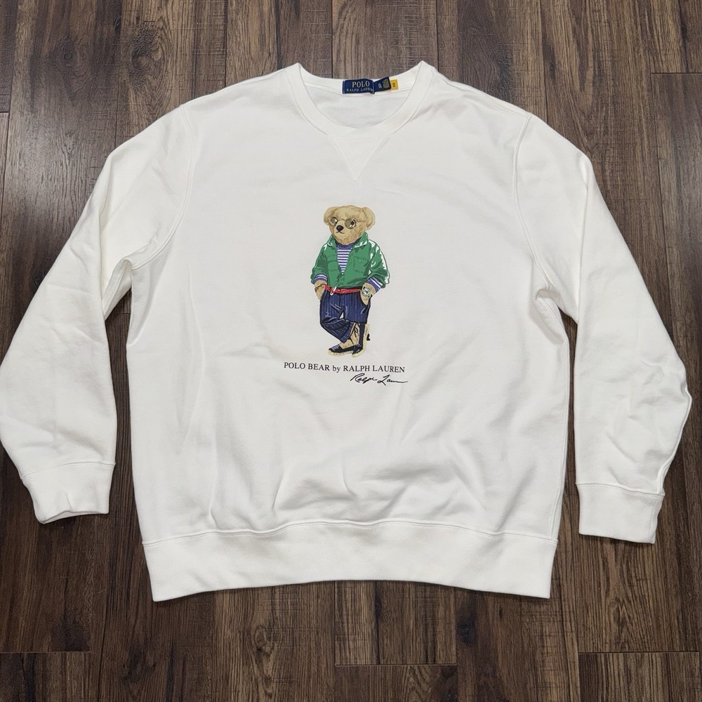 Polo Ralph Lauren Classics Green Jacket Bear Crew Neck White Sweatshirt Mens XL
